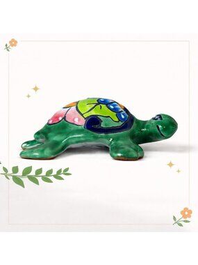 Talavera Turtle Figurine Mexican Ceramic Colorful Garden Patio Folk Art Decor